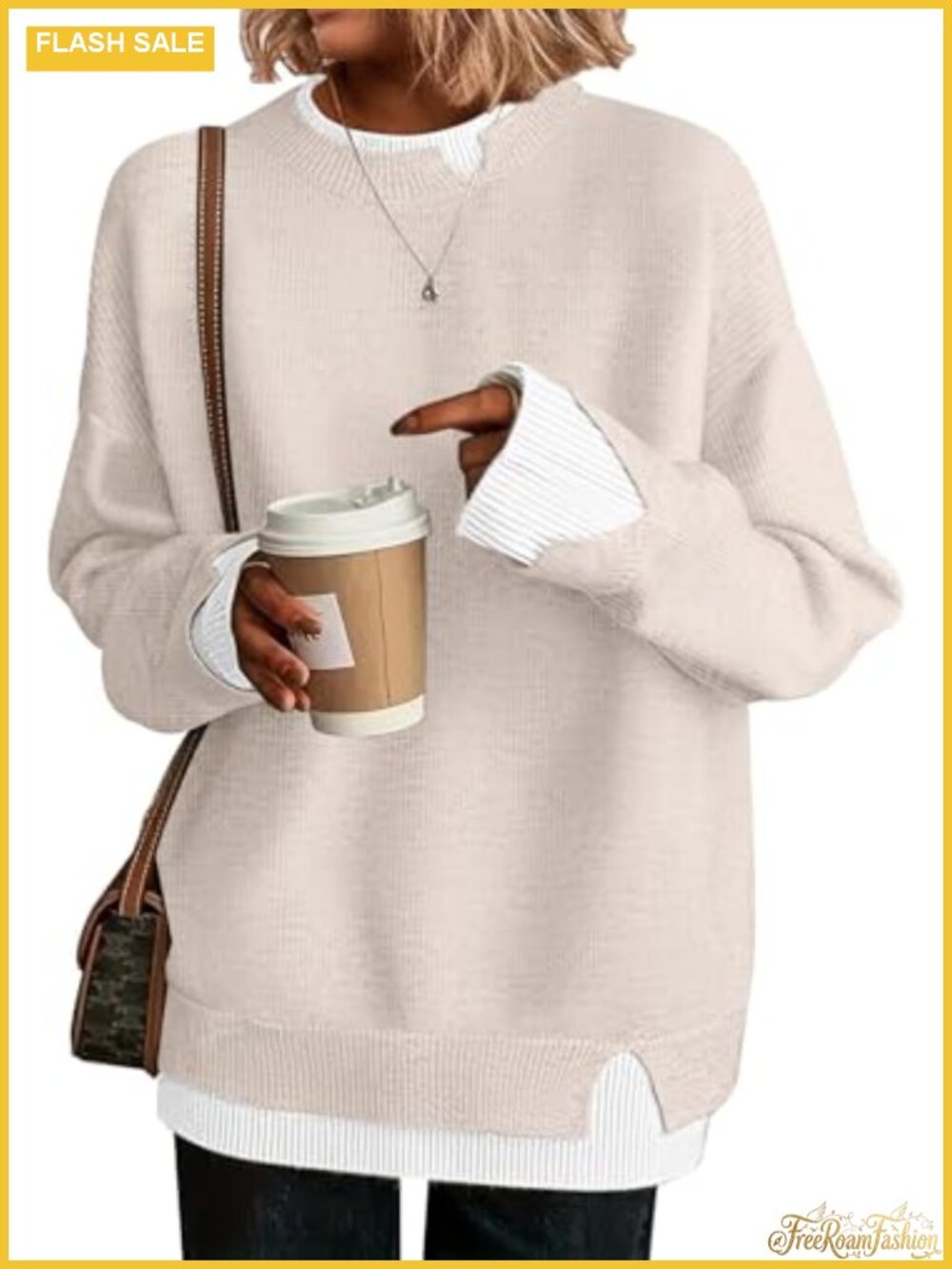 Womens Oversized Cut-Out Sweater Crew Neck Ribbed Knit Pullover